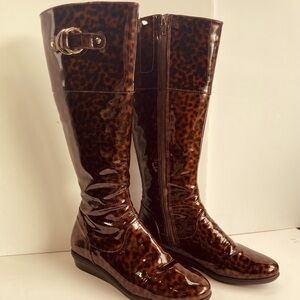 Cole Haan women’s “Air” Melanie knee high rain boots in Tortoise patent